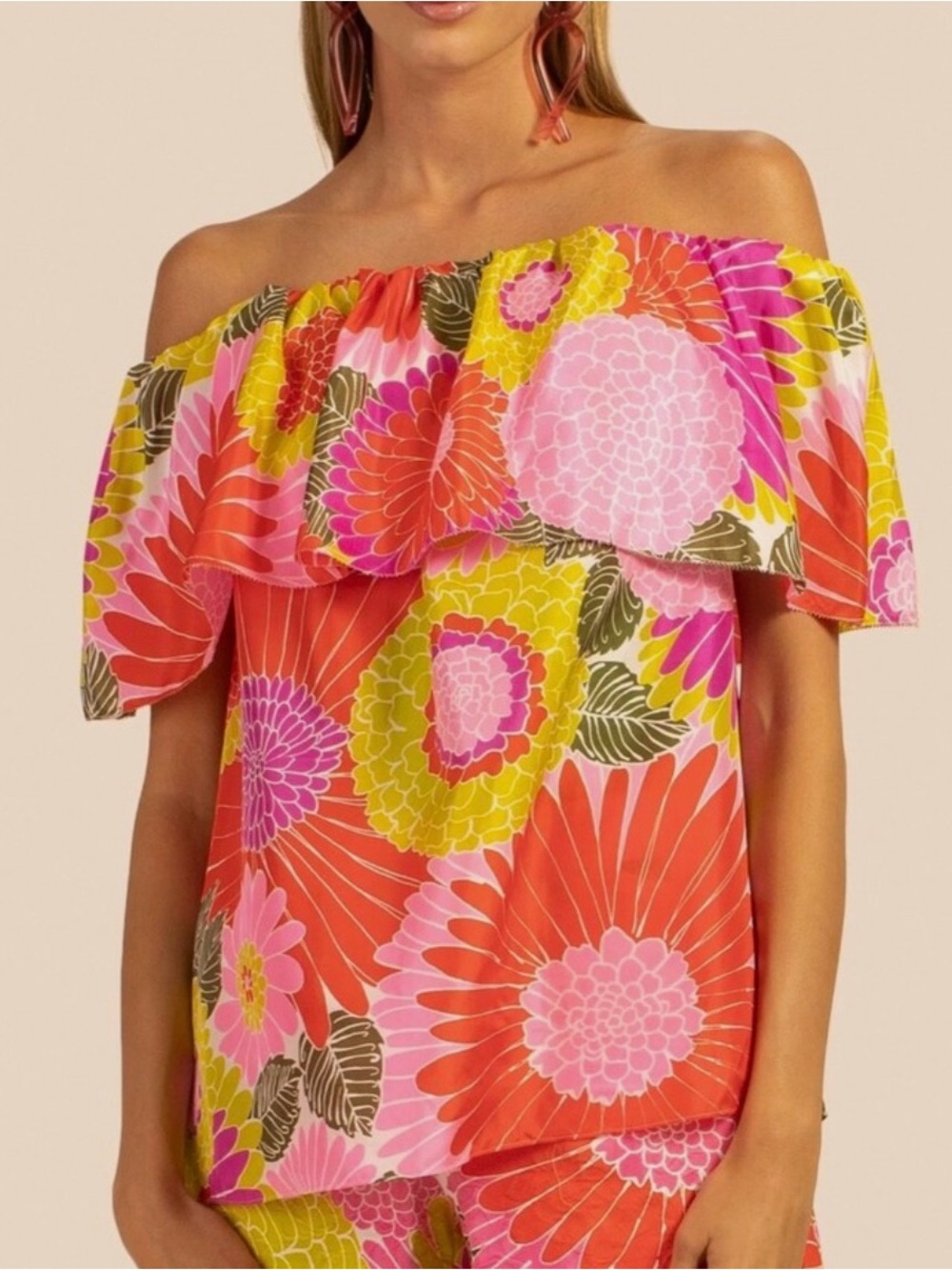 New! Trina Turk Agua Caliente Off The Shoulder Silk Top L